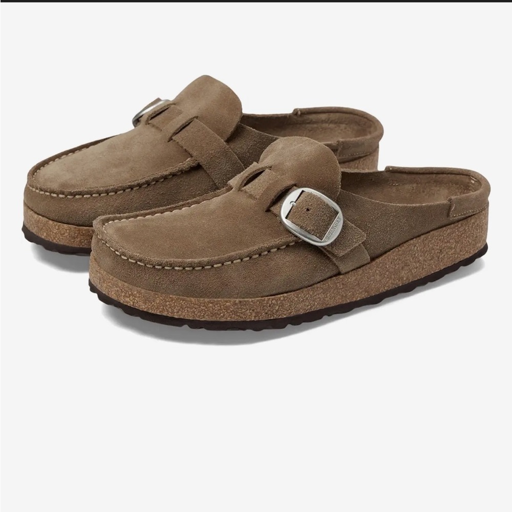 Birkenstock Taupe Suede Buckle Clog Mules